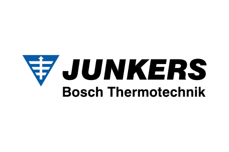 Logo von Junkers Bosch Thermotechnik mit blauem Symbol und Schriftzug.