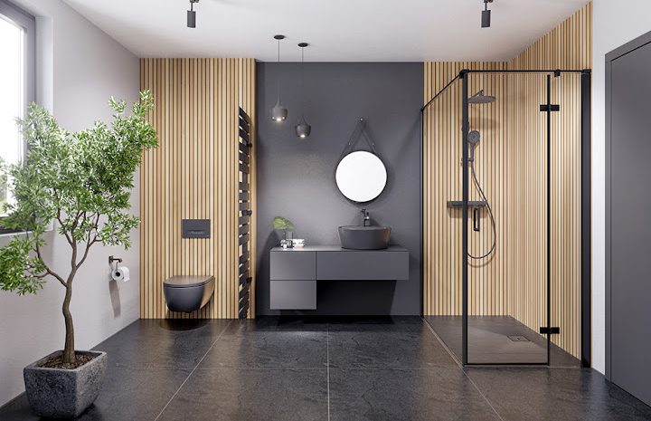 Moderne Badezimmerausstattung mit Holzverkleidung, Dusche und Pflanzen.