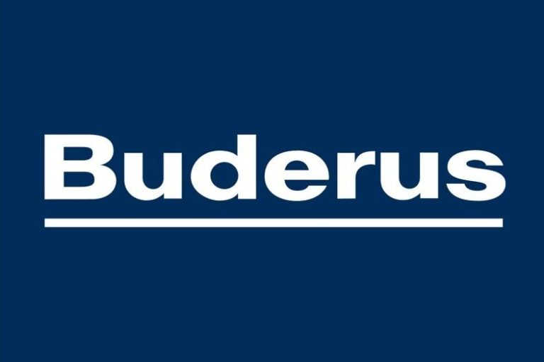 Logo von Buderus auf blauem Hintergrund, in weißer Schrift.
